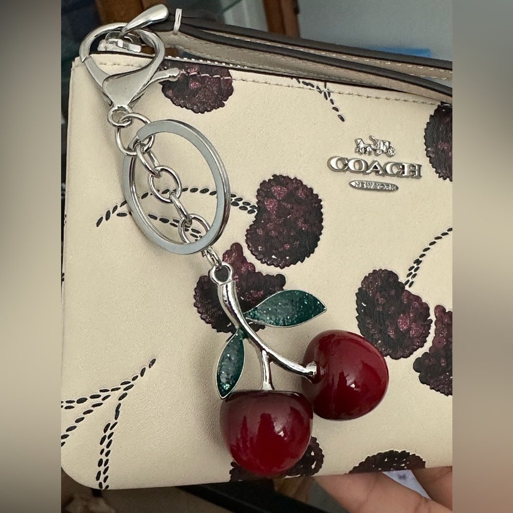 Coach Corner Zip Wristlet Wallet with Cherry Print and Cherry Charm - Picture 9 of 12